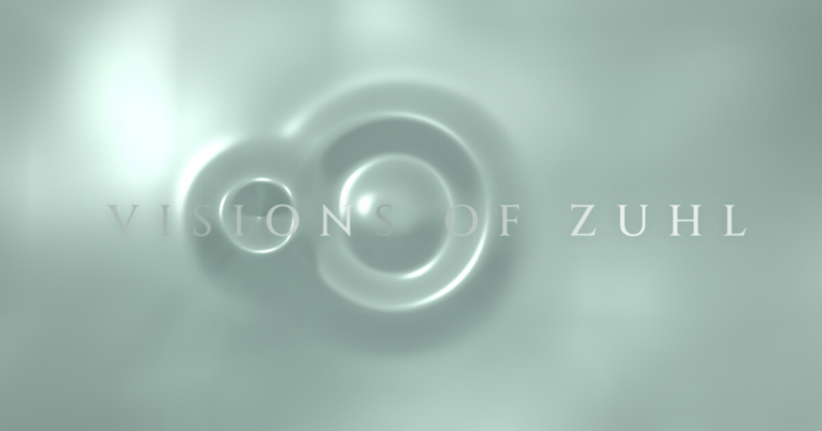 Visions of Zuhl title suspended within a silvery liquid portal